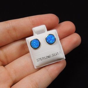 8mm Blue Fire Opal Sterling Silver Stud Earrings